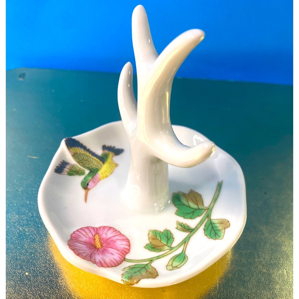 Floral and Hummingbird Vintage Porcelain Jewelry Holder Trinket Dish Japan 3.75”